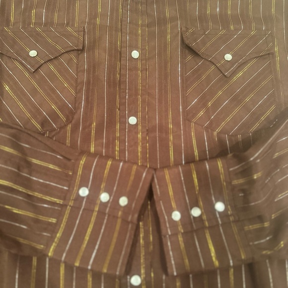 Ely Cattleman Brown Gold Shimmery Striped Shirt Pearl Snaps Western Rodeo Sz XL - Picture 9 of 11